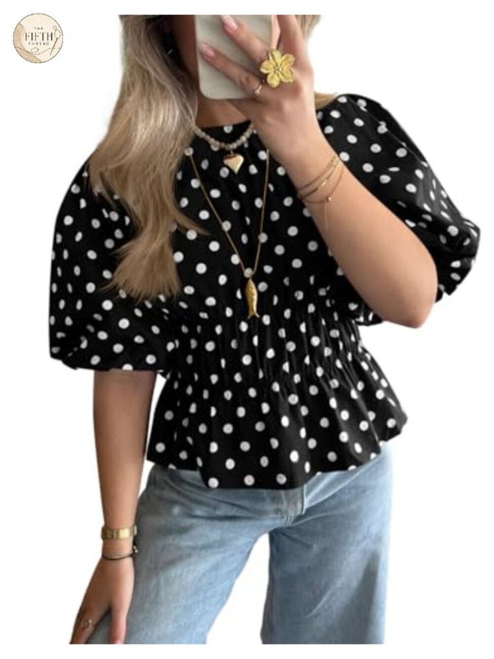 Women Polka Dot Peplum Blouse Round Neck Puff Sleeve Summer Top Loose Fit